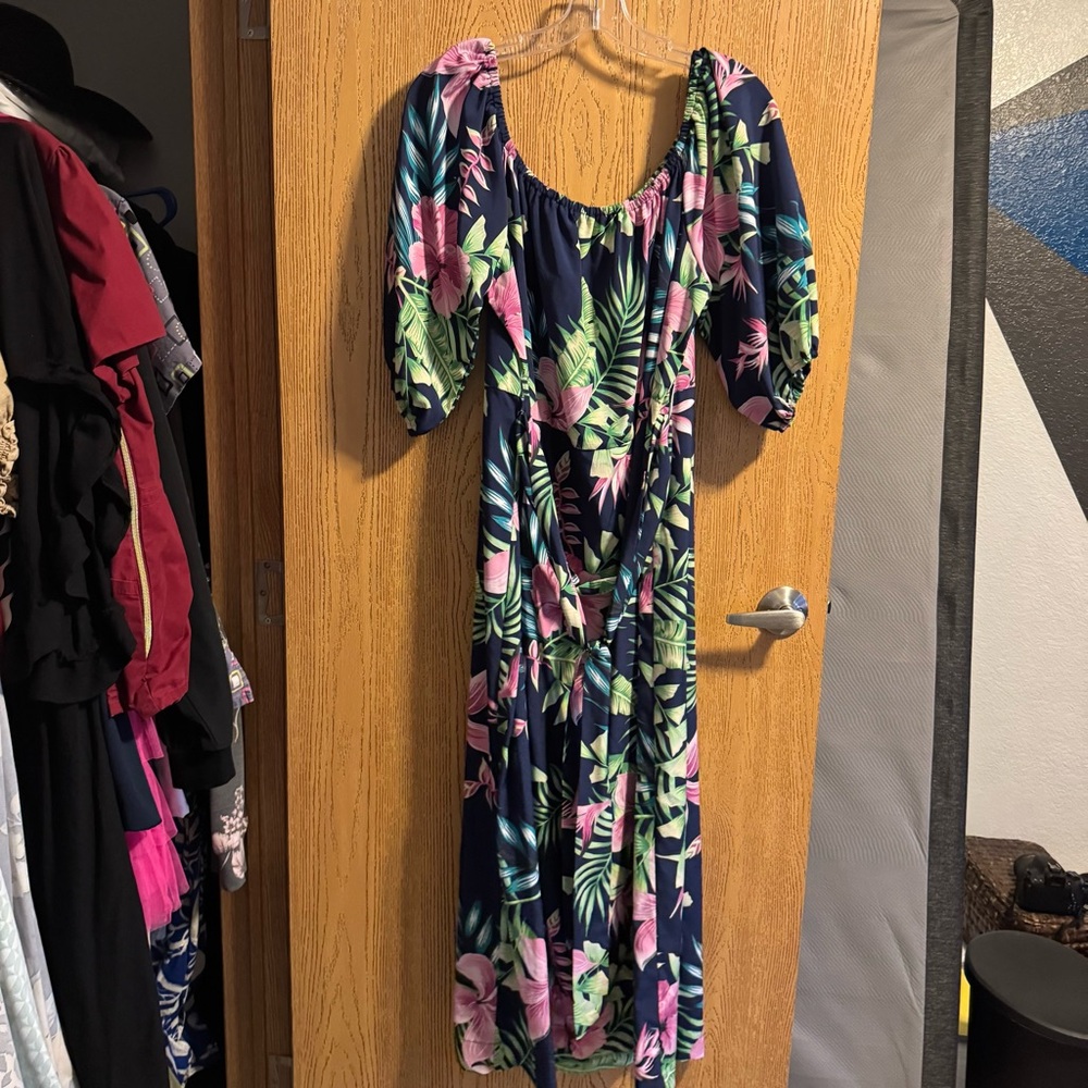 SHEIN Navy Floral Puff Sleeve Maxi Dress